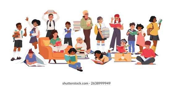 Crowd of smart bookworms cartoon children characters reading books, learning literature, enjoying hobby vector illustration. Group of preschool, elementary and primary age, teenage kids studying scene