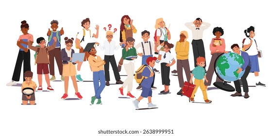 Crowd of smart kids international school students cartoon characters with studying supplies and backpacks standing together isolated on white. Elementary schoolchildren group vector illustration