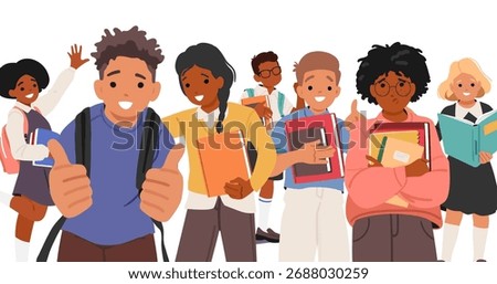 Crowd of smart scholars cartoon characters with backpacks and books together against white background. Multiracial boys and girls cute students children rejoicing back or school vector illustration
