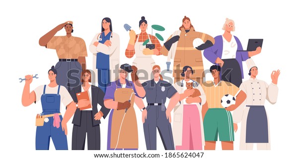 Crowd\
of smart and strong women of different professions: female soldier,\
firefighter, police officer, businesswoman. Career equality\
concept. Flat vector illustration isolated on\
white