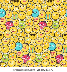 Crowd Smile Emoji nahtloses Muster mit Emoticons und verschiedenen Gesichtsausdrücken. Ornament zum Bedrucken von Gewebe, Deckel und Verpackung. Vektorgrafik