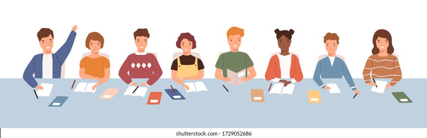 Crowd of smiling diverse kids sitting at common desk on lesson vector flat illustration. Pupil studying together answer to question and listen isolated on white. Boys and girls at elementary school