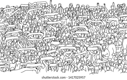 Crowd Of Soccer Fan Cheering On Stadium Vector Illustration With Black Lines Isolated On White Background