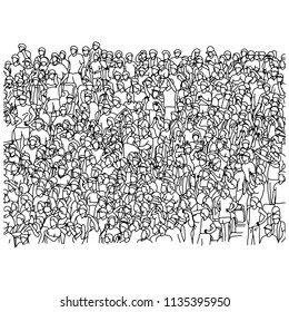 crowd of soccer fans cheering on stadium vector illustration sketch doodle hand drawn with black lines isolated on white background