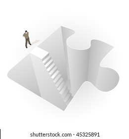 Crowd Source - Into The Puzzle. A man stands before stairs leading into a puzzle piece.