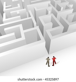 Crowd Source - Maze Strategy. Two people thinking about the maze infront of them. High detail.