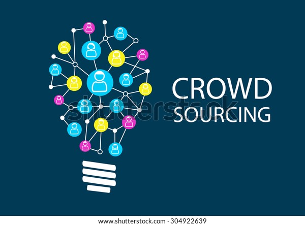 Crowd sourcing new ideas via social network\
brainstorming. Ideation for finding disruptive business models\
represented by light\
bulb.