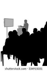 Crowd and speaker at presentation in office on a white background