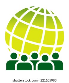Crowd of spectators in front of big green globe or planet