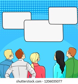 A crowd of spectators stand back retro style pop art vector text bubble