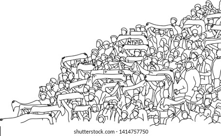 crowd of sport fan on stadium holding scalf vector illustration sketch doodle hand drawn with black lines isolated on white background with copyspace on the left.