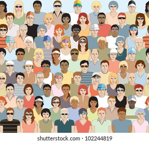 Crowd of sports spectators. Seamless. Repeats horizontally and can be stacked vertically to make a bigger crowd. One row per layer with individuals neatly grouped for easy editing. No transparencies.