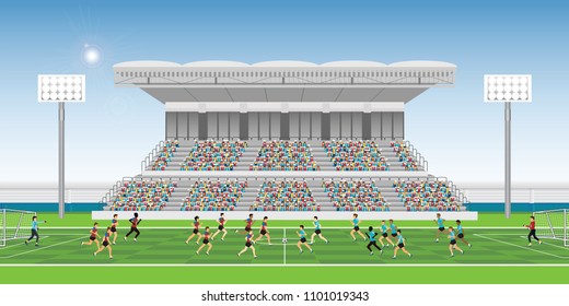 Crowd In Stadium Grandstand To Cheering Football Match Team Players Sport Championship, Soccer Man Players In Action, Vector Illustration.