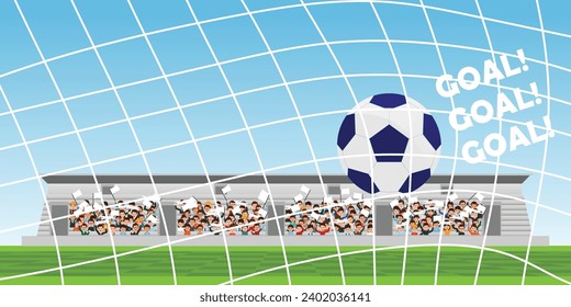 Crowd in stadium grandstand to cheering football match team players sport championship, Football goal and soccer ball, vector illustration., vector illustration.