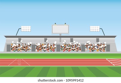 Crowd in stadium grandstand to cheering sport, vector illustration.