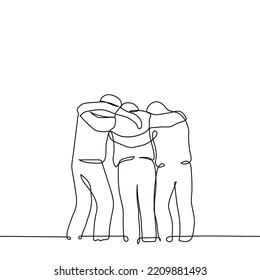 crowd of standing people hugging - one line drawing vector. concept team unity, friendly team, friends hugging