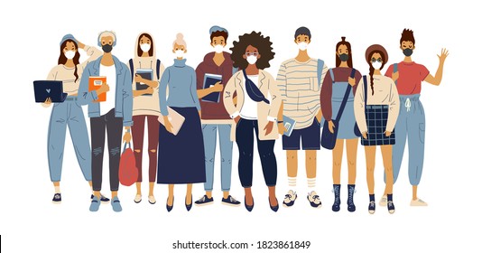 A crowd of standing people in medical masks. Male and female characters in modern clothes, flat design, cartoon style, students and teachers. Vector illustration