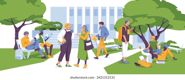 A crowd of students on the campus lawn. Diversity people. College and education. Flat vector illustration
