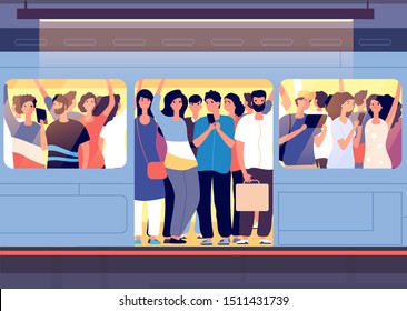 Crowd in subway train. People pushing each other in metro car at station at rush hour. City traveling transport problem vector concept