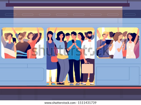 Crowd in subway train. People pushing each other\
in metro car at station at rush hour. City traveling transport\
problem vector concept