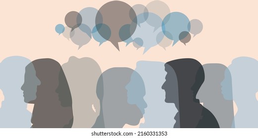 Crowd talking. Colored silhouette of side of various mixed race people. Speech bubble. Diversity and Communication between people of diverse cultures. Group of multicultural people talking.