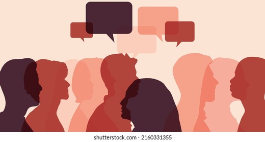 Crowd talking. Colored silhouette of side of various mixed race people. Speech bubble. Diversity and Communication between people of diverse cultures. Group of multicultural people talking.