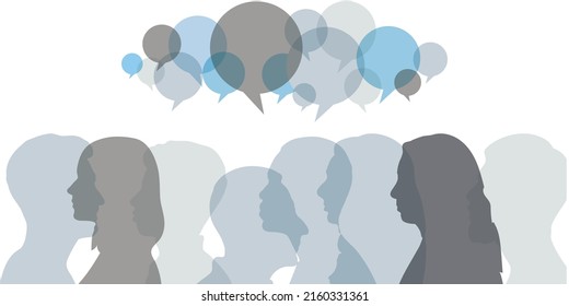 Crowd talking. Colored silhouette of side of various mixed race people. Speech bubble. Diversity and Communication between people of diverse cultures. Group of multicultural people talking.