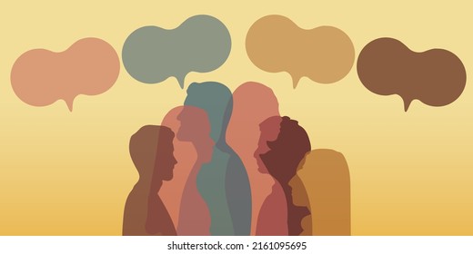 Crowd talking. Colored silhouette of side of various mixed race people. Speech bubble. Diversity and Communication between people of diverse cultures. Group of multicultural people talking.	