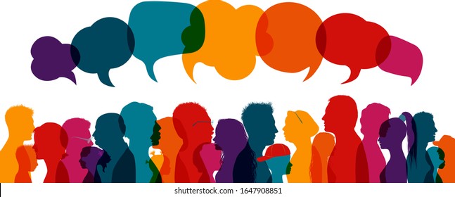 Crowd Talking.Dialogue Group Of Diverse People.Communication Multiethnic People.Group Of Families.Sharing Information And Ideas.Silhouette.Speak Discussion.Globalization.Speech Bubble