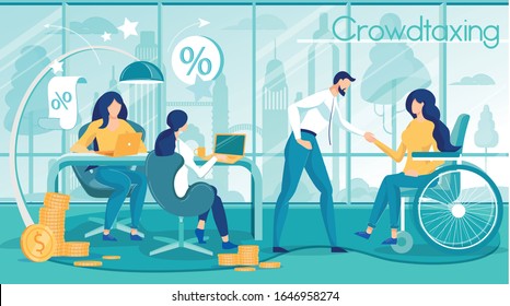 Crowd Taxing with Involving Disable People and Getting Tax Discounts. People Employer Characters in Office Calculating Profit due to Coworking with Handicapped Employees. Vector Charity Illustration