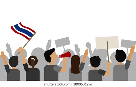 Crowd of Thai people protest against government for democracy. People raise three-fingered symbol which refer to peace, freedom, and brotherhood. Thai Flag. Flat design illustration.