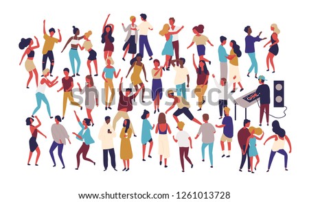 Crowd of tiny people dancing on dance floor at night club isolated on white background. Happy of men and women having fun at party or music festival. Colored vector illustration in flat cartoon style