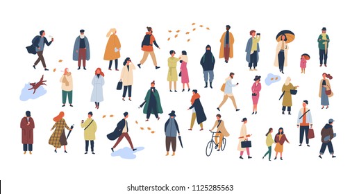 Crowd of tiny people dressed in autumn clothes or outerwear walking on street and performing outdoor activities. Group of men and women isolated on white background. Flat cartoon vector illustration.