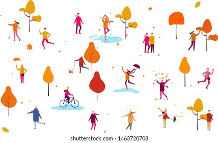 Crowd of tiny people dressed in autumn clothes or outerwear walking on street and performing outdoor activities. Group of men and women isolated on white background. Flat cartoon vector illustration.