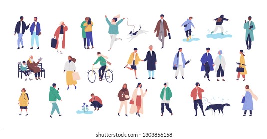 Crowd of tiny people dressed in seasonal clothes or outerwear walking on street and performing spring outdoor activities. Group of funny men, women and children. Flat cartoon vector illustration.