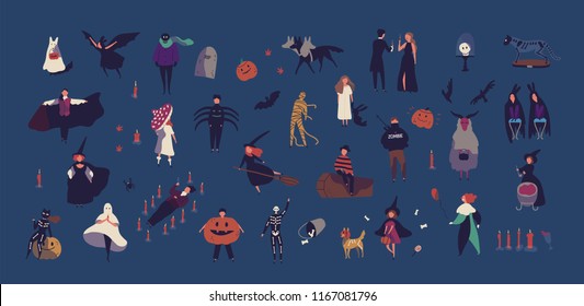 Crowd of tiny people dressed in various Halloween costumes isolated on dark background. Male and female cartoon characters at party or masquerade ball. Colorful vector illustration in flat style.