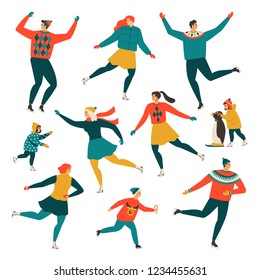 Crowd of tiny people dressed in winter clothes ice skating on rink. Men, women and children in seasonal outerwear on ice skates having fun outdoors. Colorful vector illustration in flat retro style.