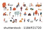 Crowd of tiny people gathering crops or seasonal harvest. Bundle of men and women collecting ripe fruits, berries and vegetables isolated on white background. Flat cartoon vector illustration.