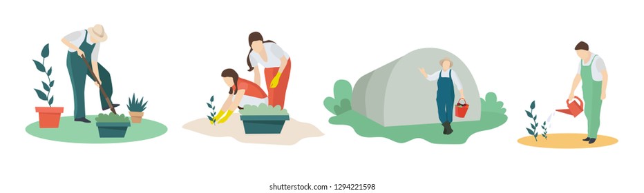 Crowd of tiny people gathering crops or seasonal harvest. Bundle of men and women collecting ripe fruits, berries and vegetables isolated on white background. Flat cartoon vector illustration.