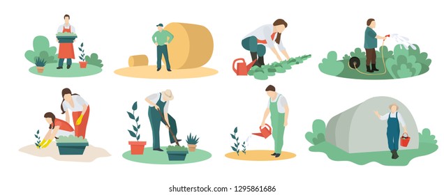 Crowd of tiny people gathering crops or seasonal harvest. Bundle of men and women collecting ripe fruits, berries and vegetables isolated on white background. Flat cartoon vector illustration.