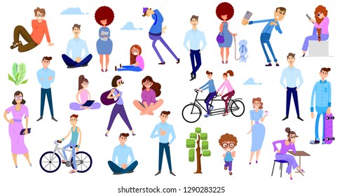 Crowd of tiny people on summer holiday, outdoor activities.