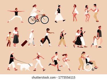 Crowd Of Tiny People. Outdoor Activities. Group Of Male And Female Cartoon Characters Walking, Dancing, Running, Doing Yoga, Cycling. Flat Vector Illustration.