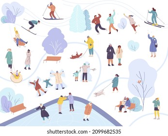 Crowd of tiny people outdoor activities in winter