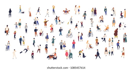 Crowd of tiny people walking with children or dogs, riding bicycles, standing, talking, running. Cartoon men and women performing outdoor activities on city street. Flat colorful vector illustration