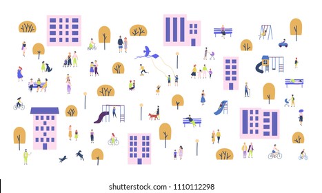 Multidão de pessoas pequenas andando com crianças ou cachorros, andando de bicicleta, sentadas no banco nos subúrbios da cidade. Desenhos animados de homens e mulheres realizando atividades ao ar livre na rua suburbana. Ilustração vetorial.