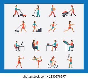 Crowd of tiny people walking with children or dogs, riding bicycles, standing, talking, running. Cartoon men and women performing outdoor activities on city street. Flat colorful vector illustration