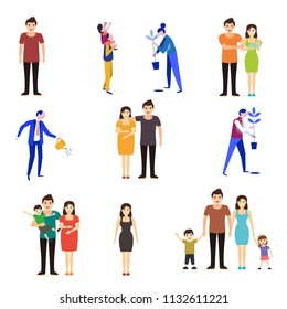 Crowd of tiny people walking with children , Cartoon men and women performing outdoor activities on city street. Flat colorful vector illustration