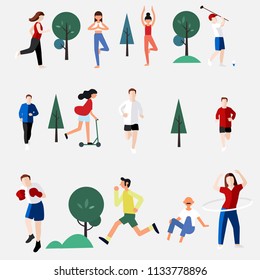 Crowd of tiny people walking with children or dogs, standing, talking, running. Cartoon men and women performing outdoor activities on city street,vector illustration