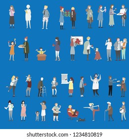 Crowd of tiny people walking with children or dogs, standing, talking, running. Cartoon men and women performing outdoor activities on city street. Flat colorful vector illustration
