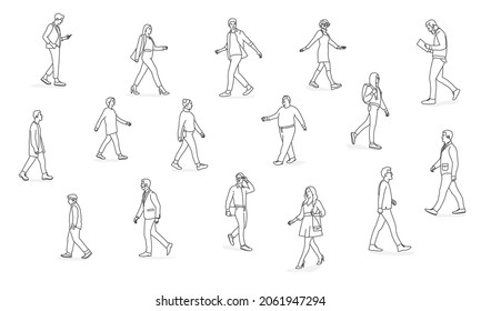 Una multitud de gente diminuta caminando. Personas diferentes. Ilustración vectorial dibujada a mano. Blanco y negro.